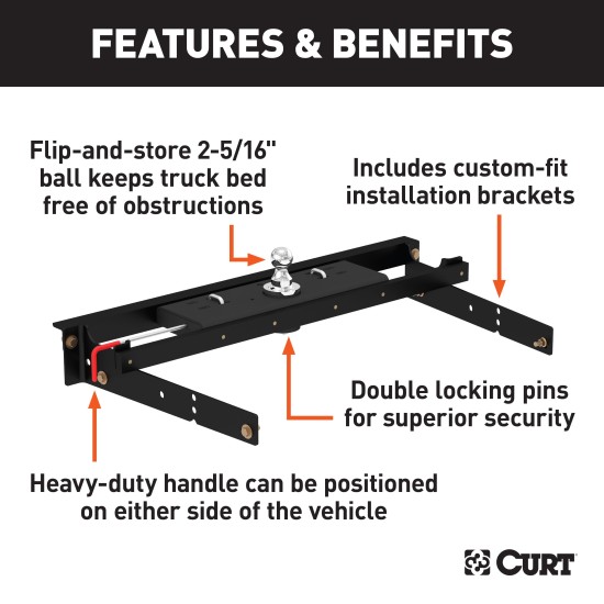 60713 - Double Lock Gooseneck Hitch Kit with Brackets, Select Chevrolet, GMC C / K Curt A16 5th Wheel Hitch for Chevy C/K Pickup - 16K Capacity