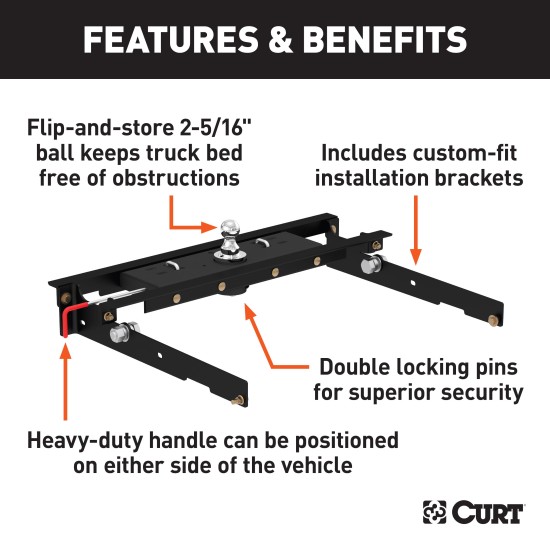 60723 - Double Lock Gooseneck Hitch Kit with Brackets, Select Ford F-150, F-250, F-350 Curt PowerRide 5th Wheel Hitch with 30,000 lbs capacity on Ford F-Series