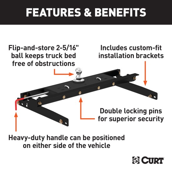 60734 - Double Lock Gooseneck Hitch Kit with Brackets, Select Dodge Ram 1500, 2500, 3500 Curt E16 5th Wheel Hitch for Dodge Ram 94-02 with 16K towing