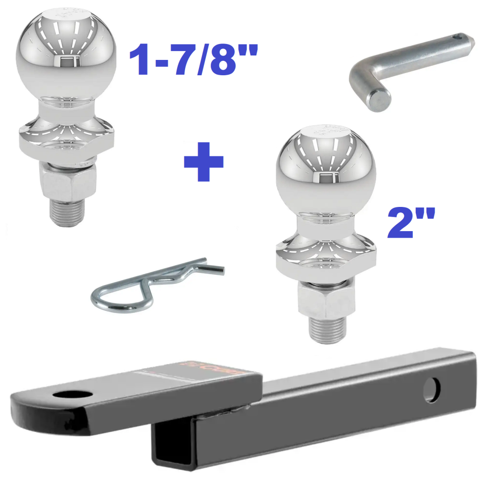 Class 1 Ball Mount 2,000 LBS Tow Kit w/ Dual 1-7/8" + 2" Balls - 9.75" Long Shank 5/8" Rise or Flip Around 1-1/4" Drop Includes Pin/Clip Curt Part Numbers 45019 21400 40001 40003 Class 1 Ball Mount 2,000 LBS Tow Kit w/ Dual 1-7/8" + 2" Balls - 9.75" Long Shank 5/8" Rise or Flip Around 1-1/4" Drop Includes Pin/Clip Curt Part Numbers 45019 21400 40001 40003