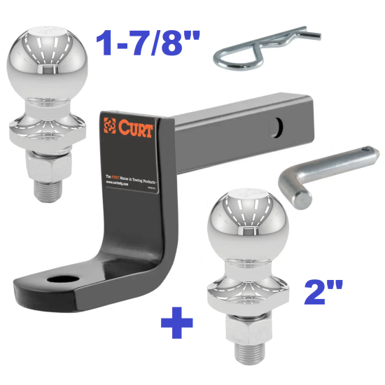 Class 1 Ball Mount 2,000 LBS Tow Kit w/ Dual 1-7/8" + 2" Balls - 7.25" Long Shank 2-5/8" Rise or Flip Around 3-1/4" Drop Includes Pin/Clip Curt Part Numbers 45022 21400 40001 40003 Class 1 Ball Mount 2,000 LBS Tow Kit w/ Dual 1-7/8" + 2" Balls - 7.25" Long Shank 2-5/8" Rise or Flip Around 3-1/4" Drop Includes Pin/Clip Curt Part Numbers 45022 21400 40001 40003