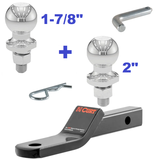 Class 2 Ball Mount 3,500 LBS Tow Kit w/ Dual 1-7/8" + 2" Balls - 7-13/16" Long Shank 3/8" Rise or Flip Around 1" Drop Includes Pin/Clip Curt Part Numbers 45503 21400 40001 40003 Class 2 Ball Mount 3,500 LBS Tow Kit w/ Dual 1-7/8" + 2" Balls - 7-13/16" Long Shank 3/8" Rise or Flip Around 1" Drop Includes Pin/Clip Curt Part Numbers 45503 21400 40001 40003