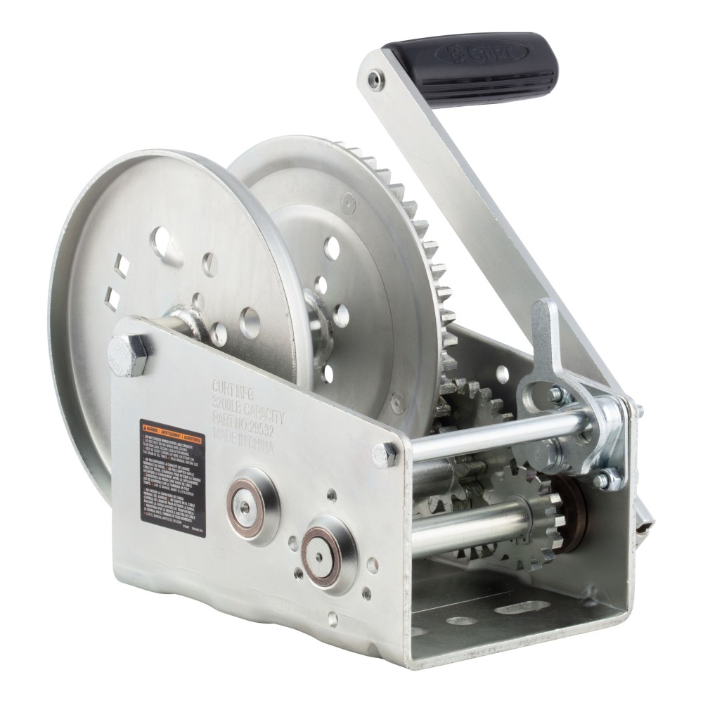 CURT 2-speed boat winch with zinc plating and comfort handle CURT 2-speed winch featuring cold-forged steel and ergonomic handle for boats