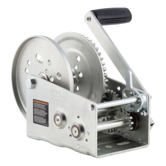 CURT 2-speed boat winch with zinc plating and comfort handle CURT 2-speed winch featuring cold-forged steel and ergonomic handle for boats