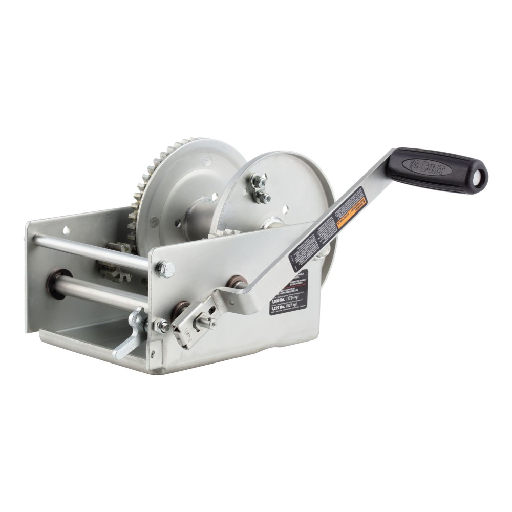 CURT 2-Speed Winch for Boats - Premium Cold-Forged Steel CURT 2-speed winch with cold-forged steel construction for boats, rated for 3,800 lbs, universal mounting.