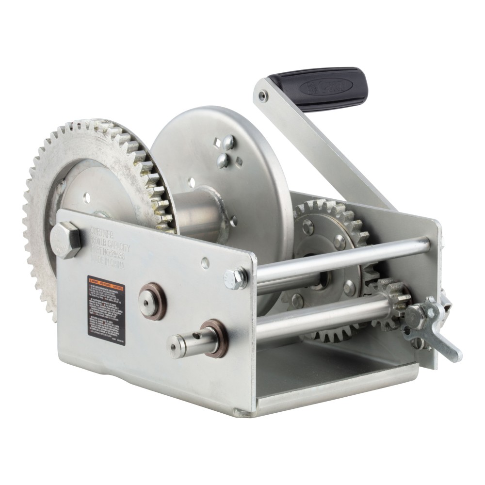 CURT 2-Speed Winch for Boats - Premium Cold-Forged Steel CURT 2-speed winch with cold-forged steel construction for boats, rated for 3,800 lbs, universal mounting.