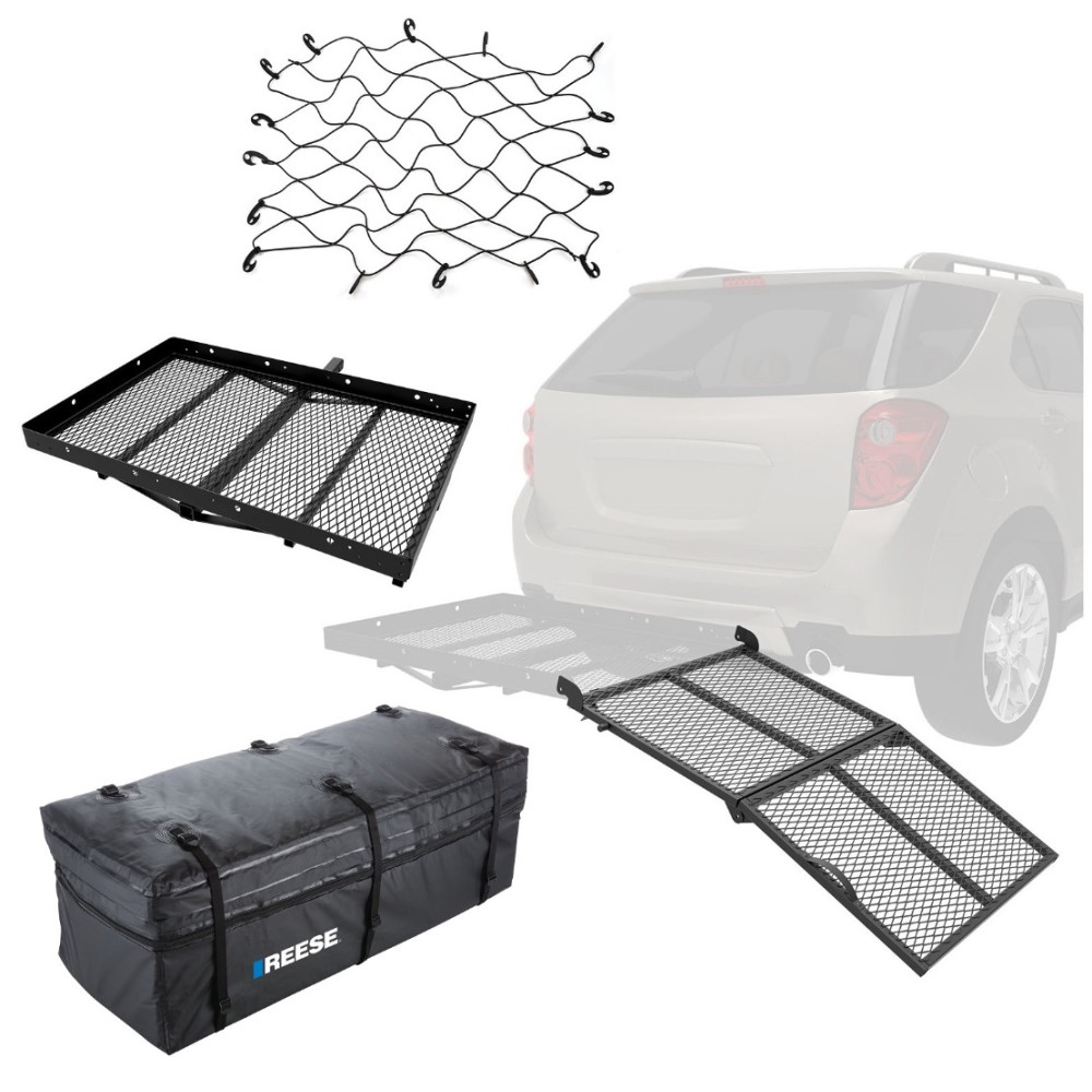 REESE 48"x32" Cargo Carrier with Bi-Fold Ramp, Olympia Bag, and Net – 400 lb REESE 48"x32" hitch cargo carrier kit with ramp, expandable bag, and cargo net