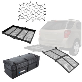 REESE 48"x32" Cargo Carrier with Bi-Fold Ramp, Olympia Bag, and Net – 400 lb REESE 48"x32" hitch cargo carrier kit with ramp, expandable bag, and cargo net