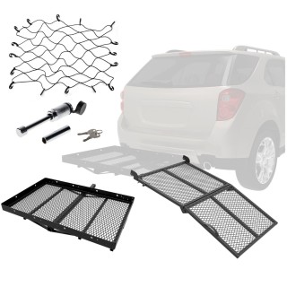 REESE Hitch Carrier Bundle with Ramp, Net & Lock for 2" Receiver REESE Hitch Cargo Carrier with Ramp, Cargo Net & Lock – 400 lb Capacity