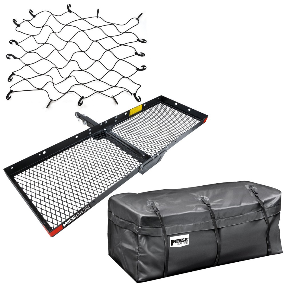 REESE Hitch Cargo Carrier Bundle – Basket, Waterproof Bag, Bungee Net REESE Explore 60x20 Hitch Cargo Basket with Rainproof Bag and Bungee Net