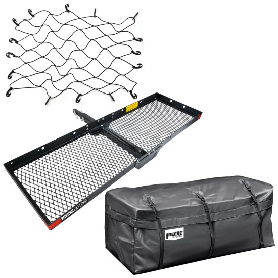 REESE Hitch Cargo Carrier Bundle – Basket, Waterproof Bag, Bungee Net REESE Explore 60x20 Hitch Cargo Basket with Rainproof Bag and Bungee Net