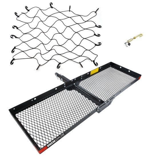 Reese Explore cargo carrier with 36x48 net and J-Pin anti-rattle stabilizer Reese Explore 20"x60" hitch cargo carrier with net and anti-rattle device bundle