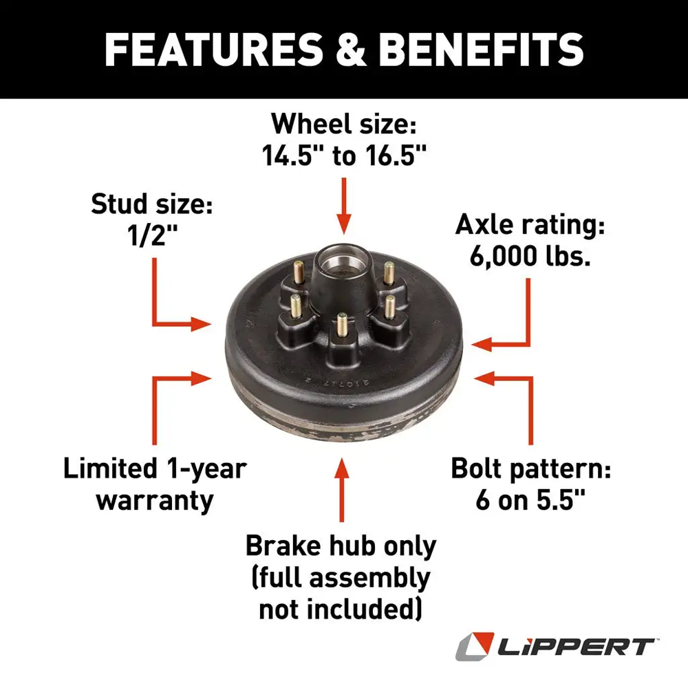 Lippert 12x2 RH self‑adjusting brake with 12 inch 6‑lug drum hub 6K axle compatible with Dexter AL‑KO Rockwell