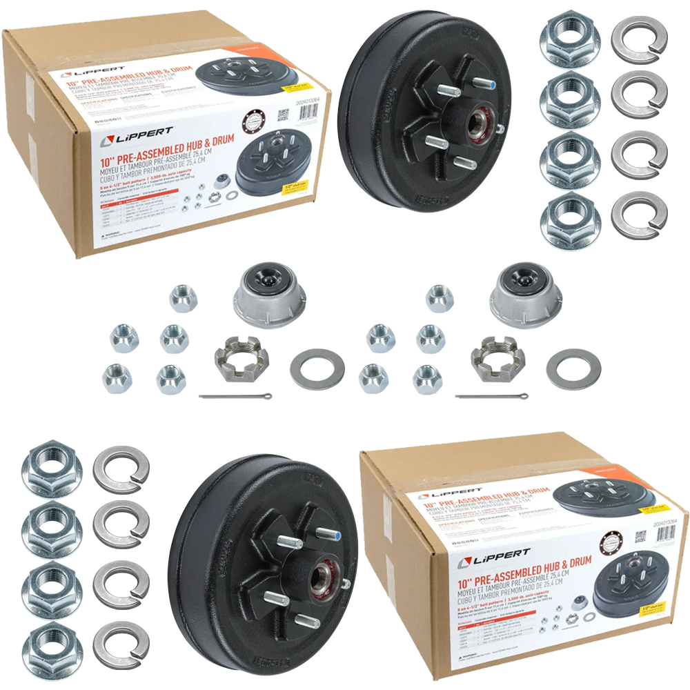 Lippert 3,500-lb trailer brake kit forward self-adjusting with pre-greased hubs, lug nuts, and hardware