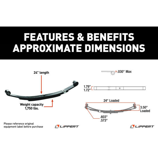 Lippert Tandem Axle Suspension Kit – 1,750 lb, 24 Inch Leaf Springs, 2.375 Inch Tube Lippert Tandem Axle Suspension Kit with 1,750 lb Leaf Springs, 24 Inch Length, 2.375 Inch Tube, Long Equalizer, Includes Hangers and Hardware