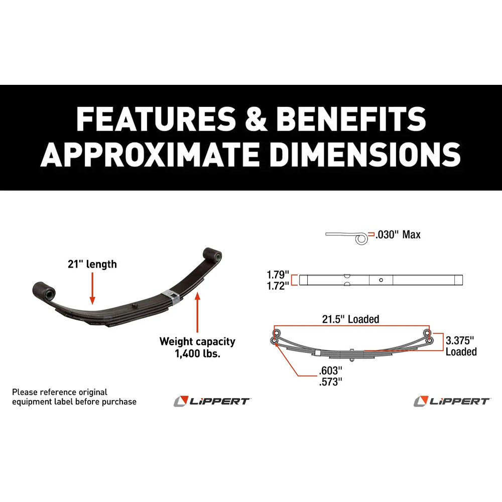 Lippert Triple Axle Suspension Kit with 1.75" Tube, 35" Spacing, 1,400 lb Leaf Springs Lippert triple axle suspension kit 1.75" tube, 35" spacing, 20-1/2" unloaded leaf springs, Dexter, Alko, Rockwell