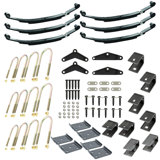 Lippert triple axle suspension kit with 3" tube, 35" spacing, 25-1/4" 2,000 lb leaf springs, long equalizer, hangers, hardware – Dexter, Alko, Rockwell compatible