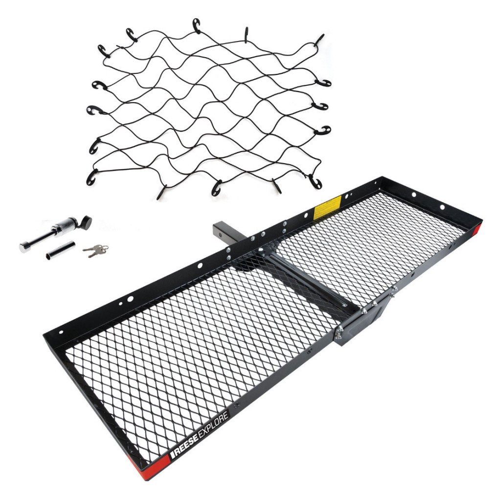 Reese 60x20 Hitch Cargo Carrier Bundle – Net & Dog‑Bone Lock Reese 60×20 hitch cargo carrier bundle with 500 lb steel basket, cargo net, dog‑bone lock for 2″ receiver