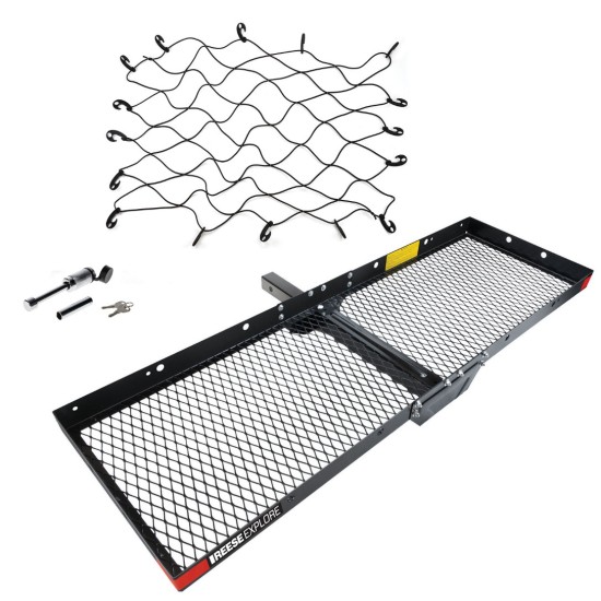Reese 60x20 Hitch Cargo Carrier Bundle – Net & Dog‑Bone Lock Reese 60×20 hitch cargo carrier bundle with 500 lb steel basket, cargo net, dog‑bone lock for 2″ receiver