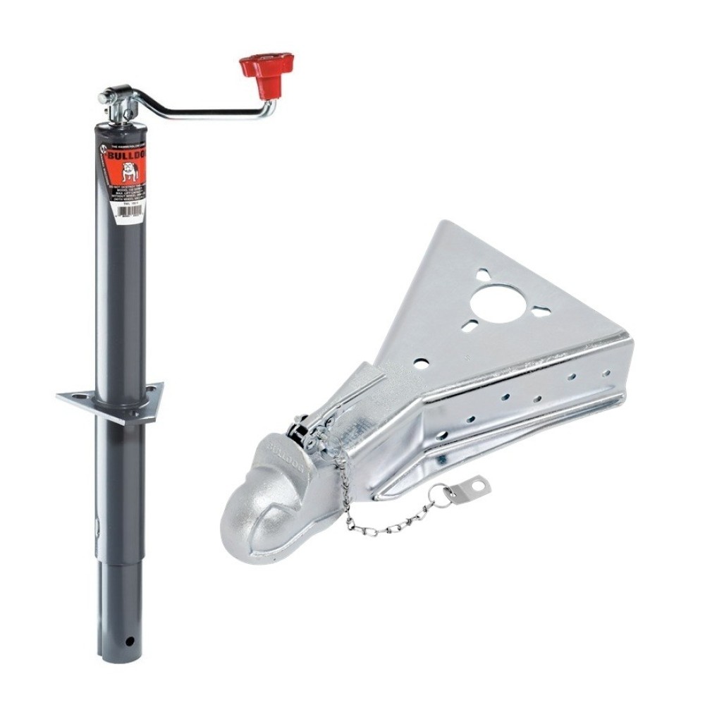 BULLDOG 2,000 lb A‑Frame Round Topwind Trailer Jack + 15K Cast Head Coupler BULLDOG 2K Topwind A‑Frame Round Trailer Jack 15″ Lift with 15K Cast Head Coupler