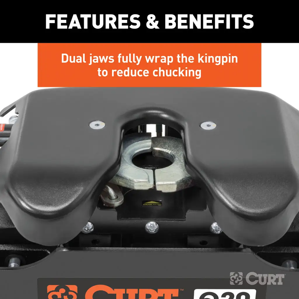 CURT Q20™ 20,000 lb 5th wheel hitch double jaw above-bed rails CURT Q20™ 5th wheel hitch 20K GTW double jaw fixed above-bed rails