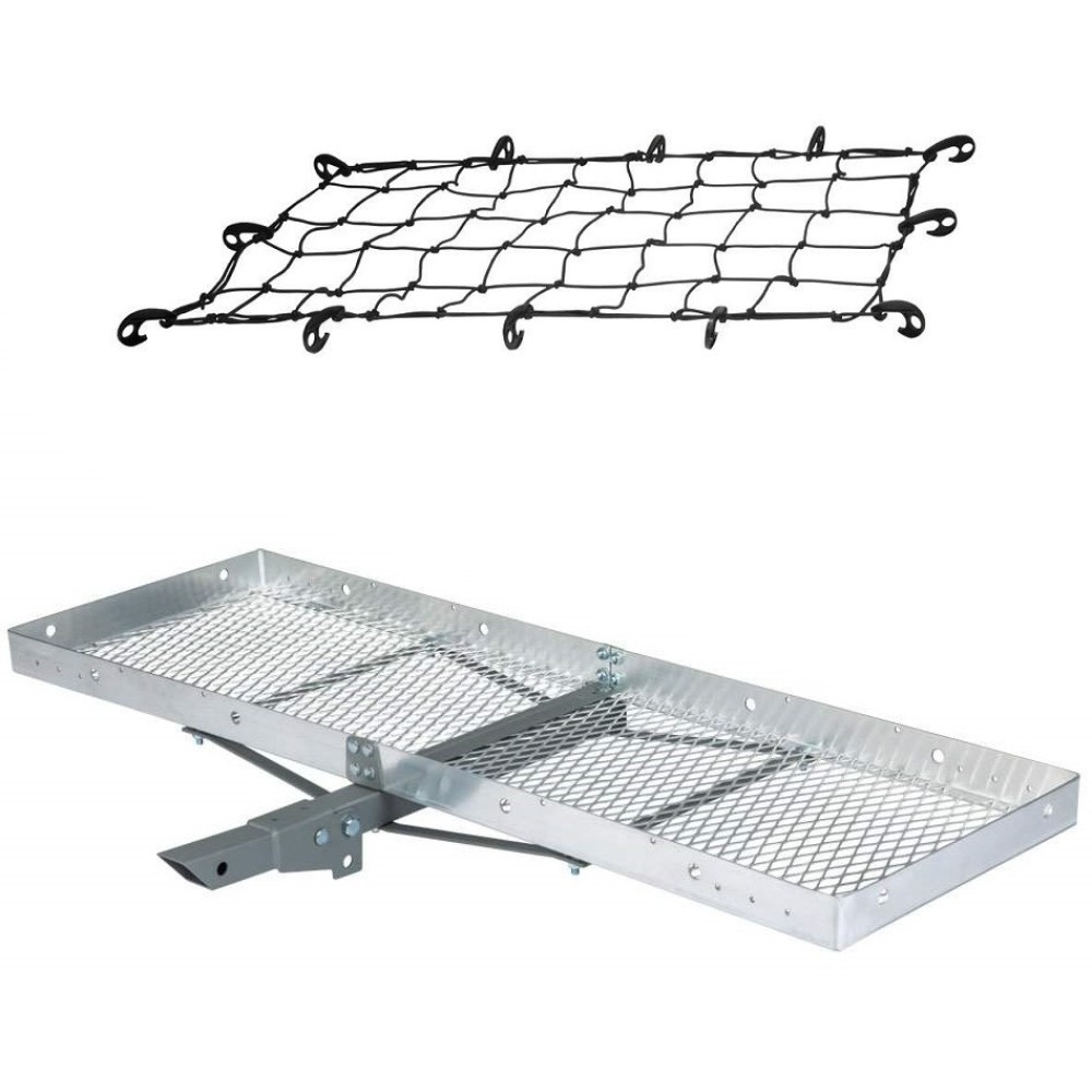 CURT Aluminum Hitch Carrier 60"x20" with Folding Shank and Elastic Net CURT 60x20 Folding Aluminum Hitch Cargo Carrier with 43x24 Elastic Net