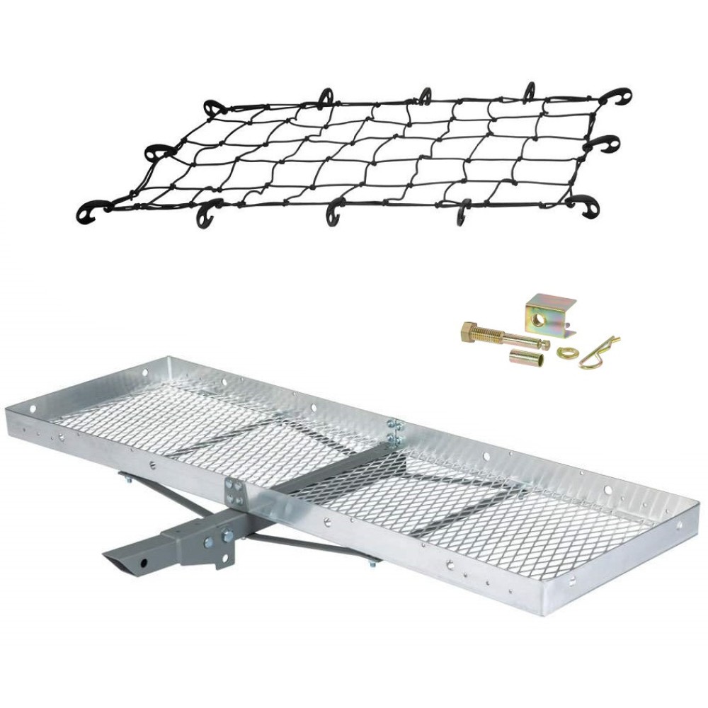 CURT Folding Aluminum Hitch Carrier 60"x20" with Net and Anti-Rattle Hitch Pin CURT 60x20 Aluminum Hitch Cargo Carrier with Elastic Net and Anti-Rattle Pin