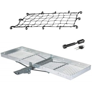 CURT Folding Hitch Carrier 60"x20" with Net and 5/8" Hitch Lock for 2" Receiver CURT 60x20 Aluminum Hitch Cargo Carrier with Elastic Net and Hitch Lock