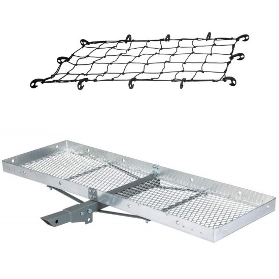 CURT Aluminum Hitch Carrier 60"x20" with Folding Shank and Elastic Net CURT 60x20 Folding Aluminum Hitch Cargo Carrier with 43x24 Elastic Net