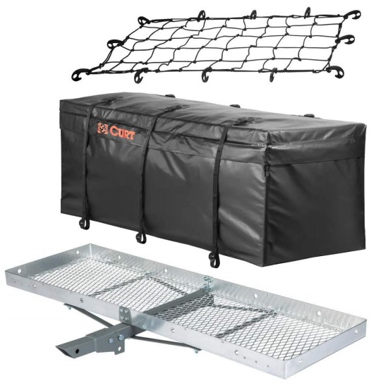 CURT 60x20 Aluminum Folding Cargo Carrier with Vinyl Bag and Net CURT 60x20 Aluminum Hitch Cargo Carrier with Weatherproof Bag and Elastic Net