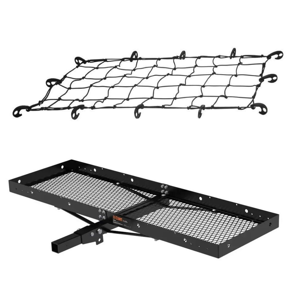CURT 60" folding hitch cargo carrier bundle with cargo net 500 lb cap CURT 60x20 folding hitch cargo carrier with elastic net – 500 lb capacity