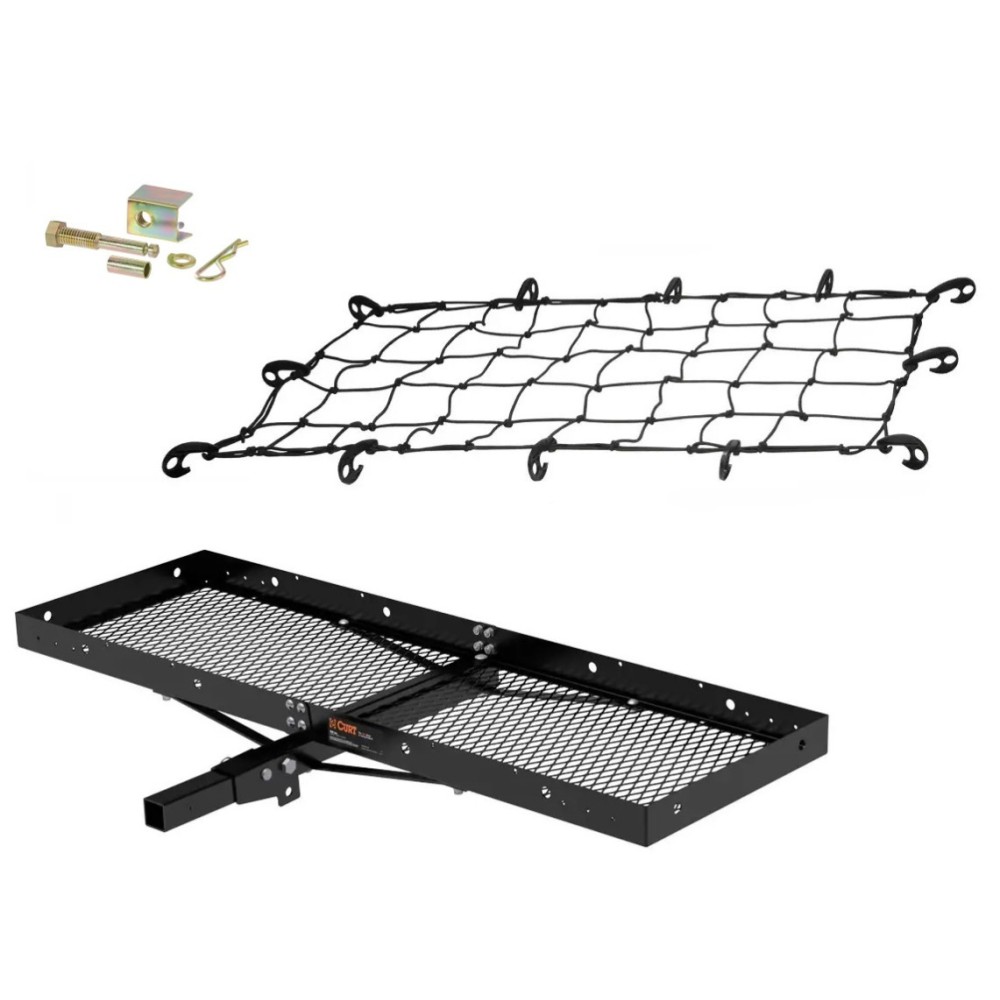 CURT hitch cargo carrier folding tray with net and anti-rattle pin for 2-inch receiver CURT 60x20 folding hitch cargo carrier kit with elastic net and anti-rattle pin