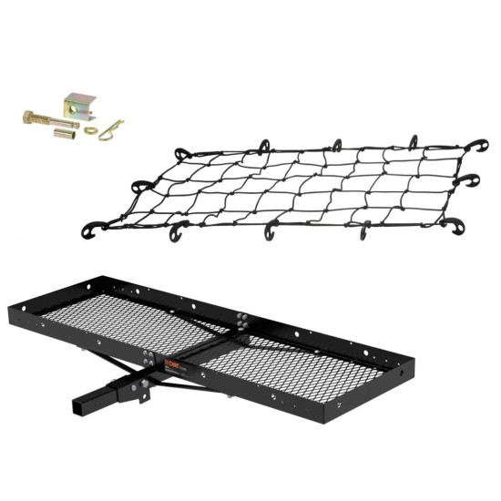 CURT hitch cargo carrier folding tray with net and anti-rattle pin for 2-inch receiver CURT 60x20 folding hitch cargo carrier kit with elastic net and anti-rattle pin
