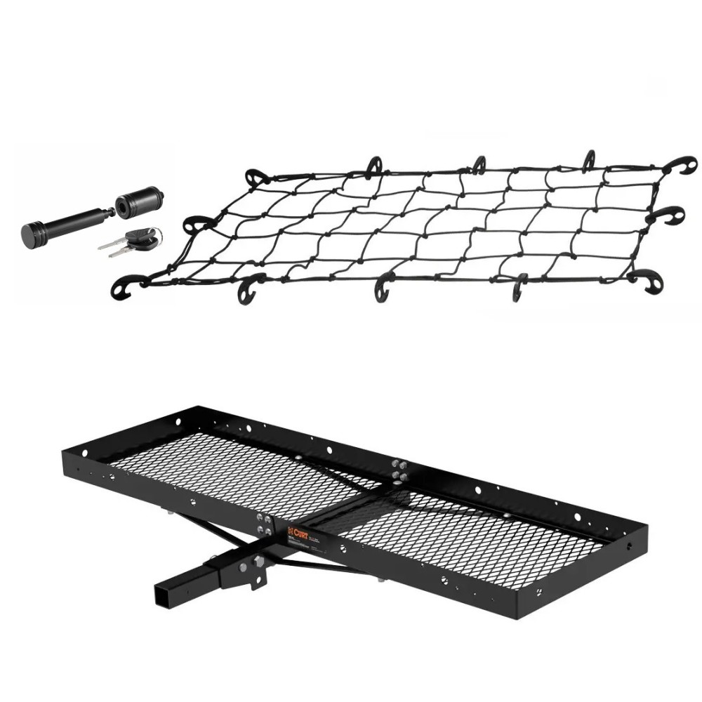 CURT hitch cargo carrier bundle with folding shank, cargo net, vinyl bag, and 5/8-inch lock CURT 60x20 folding hitch cargo carrier kit with weatherproof bag, net, and lock