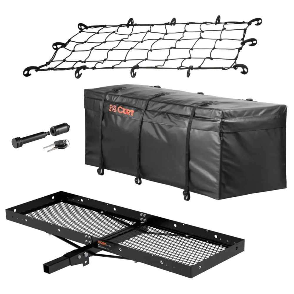 CURT trailer hitch cargo carrier kit with folding tray, bag, net, and lock for 2-inch receiver CURT 60x20 folding hitch cargo carrier kit with bag, net, and locking hitch pin