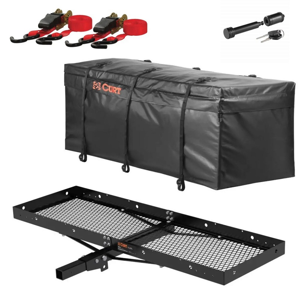 CURT Folding Hitch Cargo Carrier 60x20 + Weather-Resistant Bag + Straps + Lock, 500 lb CURT 60x20 folding hitch cargo carrier bundle with waterproof bag, straps & hitch lock – 500 lb capacity