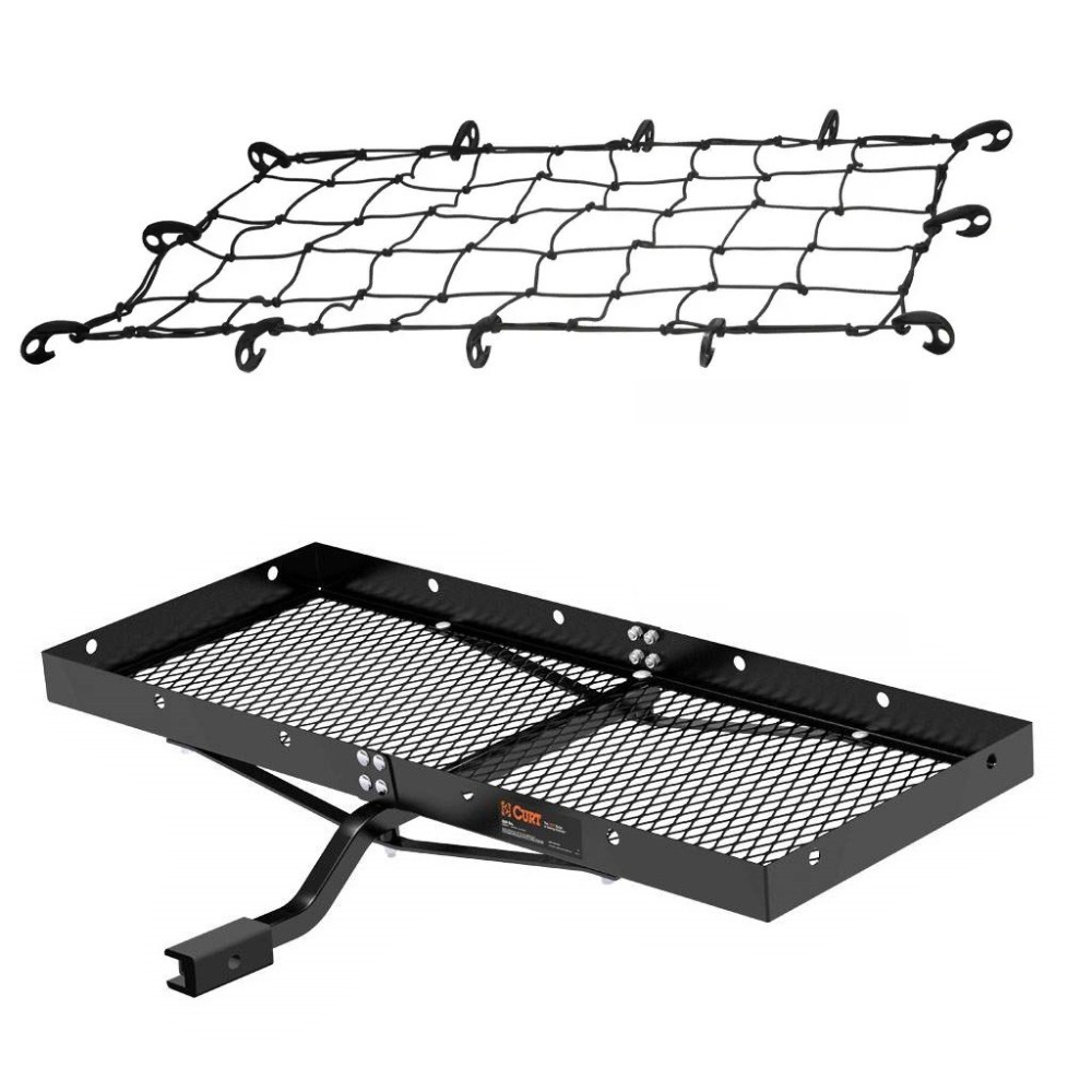 CURT 48x20 Tray-Style Cargo Carrier & 43x24 Net – Fits 1-1/4" & 2" Hitches CURT 48x20 hitch tray cargo carrier bundle with elastic cargo net on vehicle