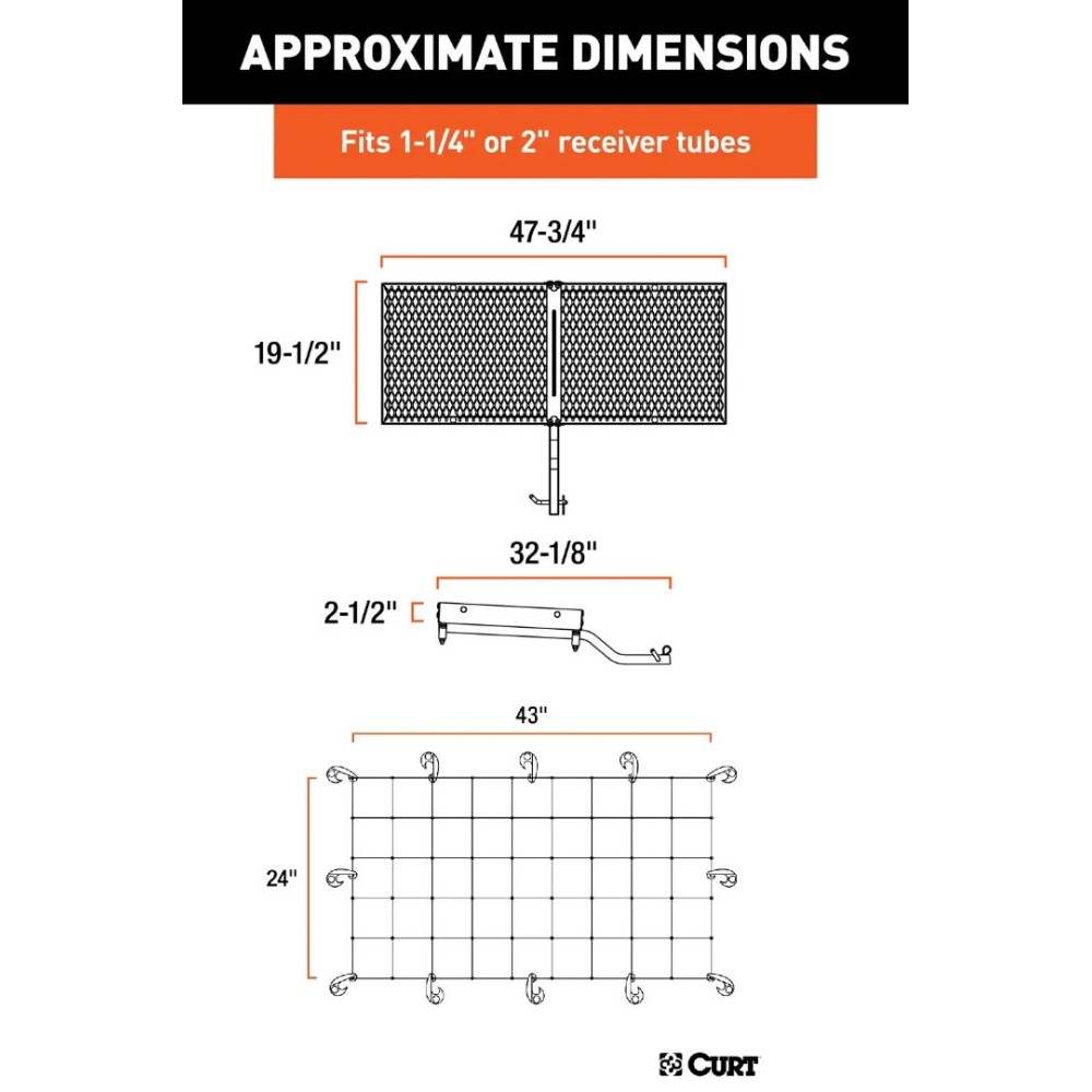 CURT 48x20 Tray-Style Cargo Carrier & 43x24 Net – Fits 1-1/4" & 2" Hitches CURT 48x20 hitch tray cargo carrier bundle with elastic cargo net on vehicle