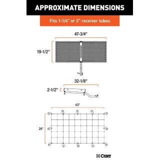 CURT 48x20 Tray-Style Cargo Carrier & 43x24 Net – Fits 1-1/4" & 2" Hitches CURT 48x20 hitch tray cargo carrier bundle with elastic cargo net on vehicle