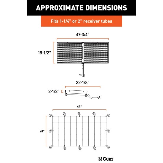 CURT 48x20 Tray-Style Cargo Carrier & 43x24 Net – Fits 1-1/4" & 2" Hitches CURT 48x20 hitch tray cargo carrier bundle with elastic cargo net on vehicle