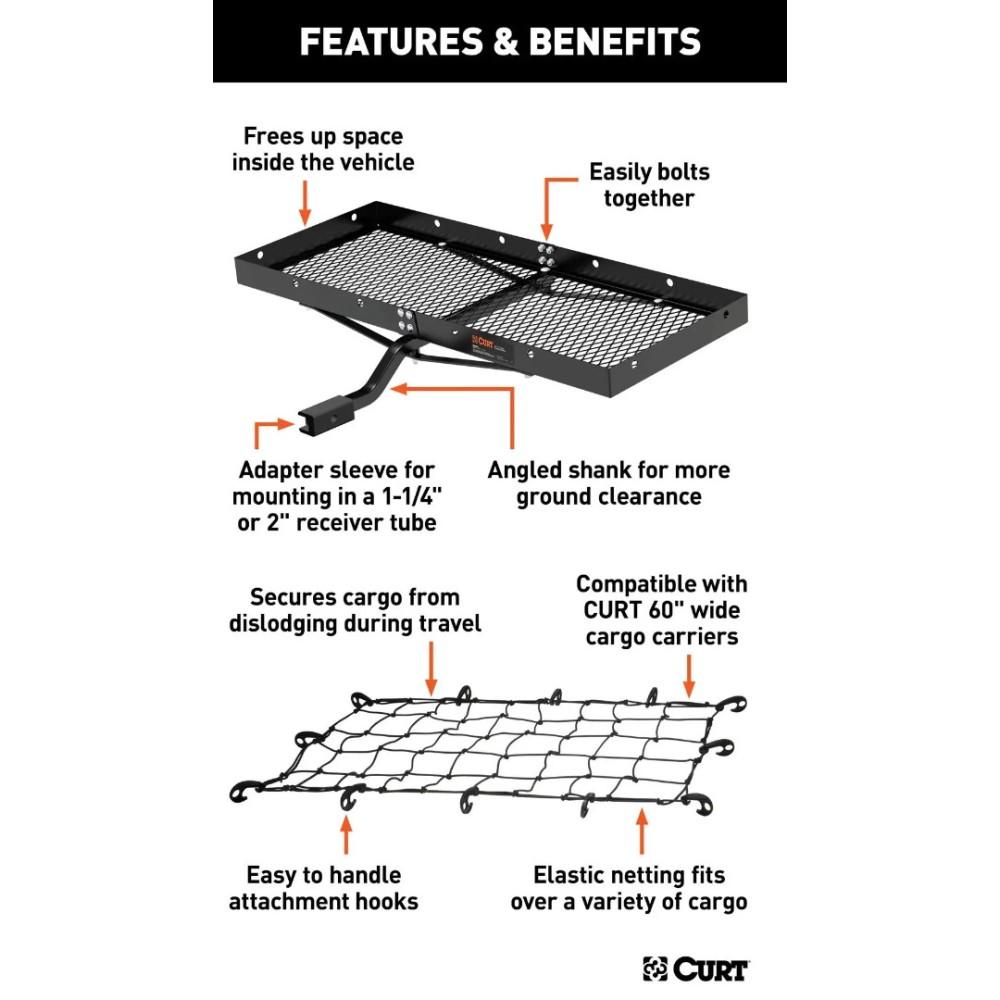 CURT 48x20 Tray-Style Cargo Carrier & 43x24 Net – Fits 1-1/4" & 2" Hitches CURT 48x20 hitch tray cargo carrier bundle with elastic cargo net on vehicle