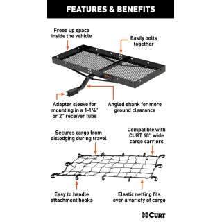CURT 48x20 Tray-Style Cargo Carrier & 43x24 Net – Fits 1-1/4" & 2" Hitches CURT 48x20 hitch tray cargo carrier bundle with elastic cargo net on vehicle