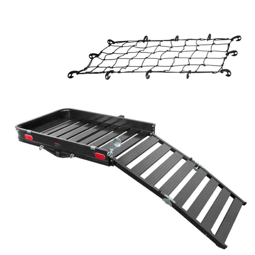 CURT 50x30.5 Hitch Carrier with Folding Ramp & Cargo Net - 500 lb Capacity CURT Aluminum Hitch Cargo Carrier with Ramp and Cargo Net for 2-Inch Receiver
