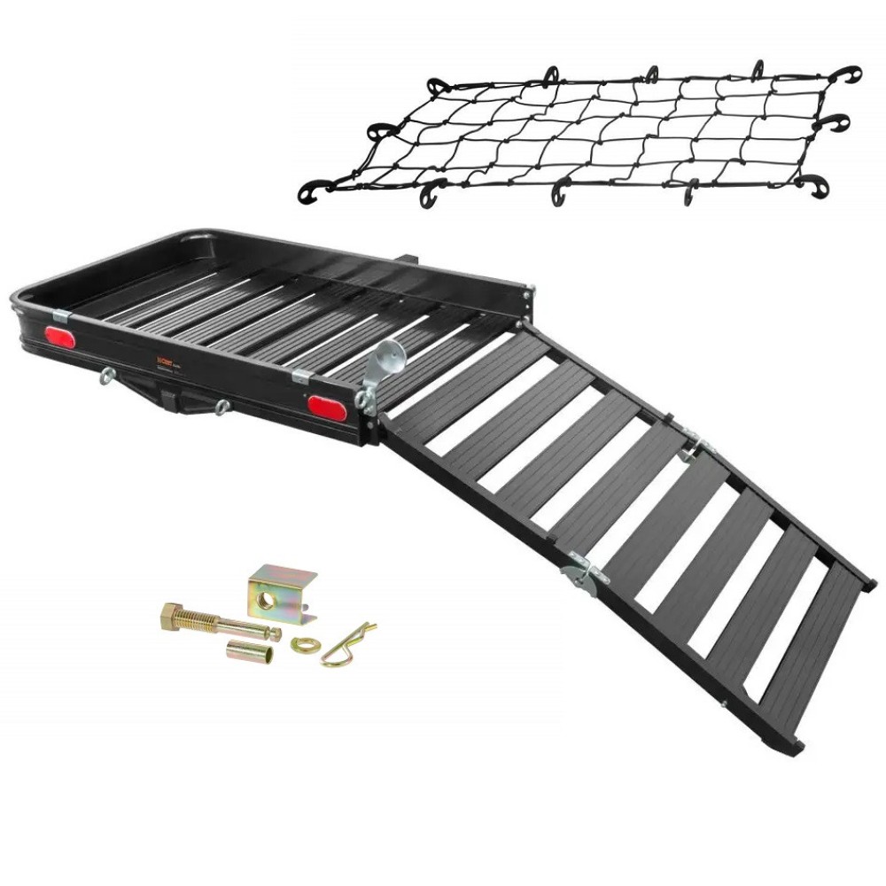 CURT 50x30.5 inch aluminum hitch cargo carrier with ramp, net, and anti-rattle kit