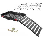 CURT 50x30.5 inch aluminum hitch cargo carrier with ramp, net, and anti-rattle kit