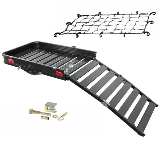 CURT 50x30.5 inch aluminum hitch cargo carrier with ramp, net, and anti-rattle kit