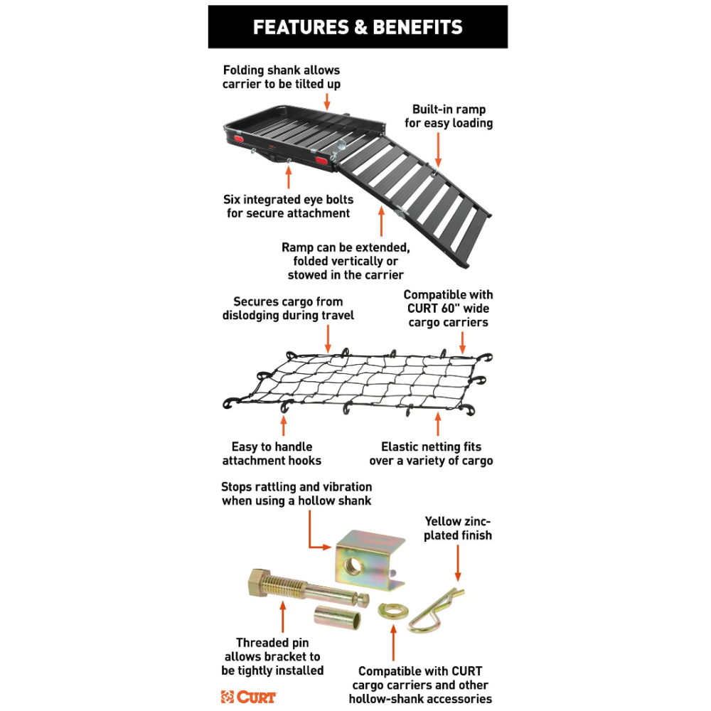 CURT 50x30.5 inch aluminum hitch cargo carrier with ramp, net, and anti-rattle kit