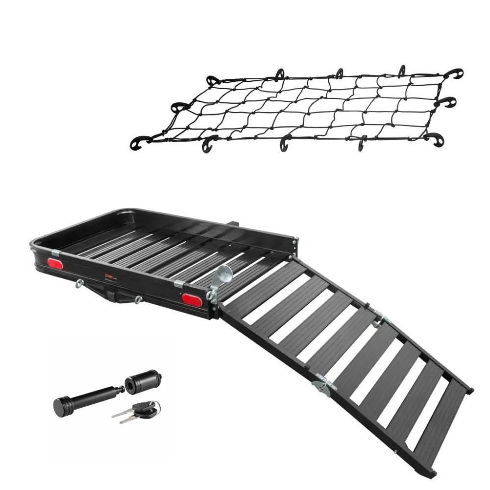 CURT Aluminum Hitch Cargo Carrier Bundle (Ramp + Net + Lock) CURT 50x30.5 Aluminum Hitch Carrier with Ramp, Cargo Net, and Lock