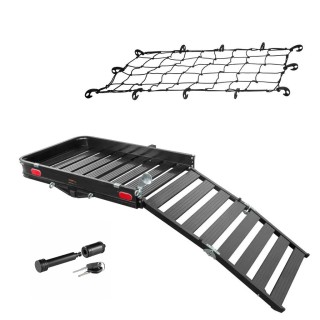 CURT Aluminum Hitch Cargo Carrier Bundle (Ramp + Net + Lock) CURT 50x30.5 Aluminum Hitch Carrier with Ramp, Cargo Net, and Lock
