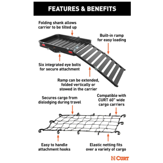 CURT Aluminum Hitch Cargo Carrier Bundle (Ramp + Net + Lock) CURT 50x30.5 Aluminum Hitch Carrier with Ramp, Cargo Net, and Lock